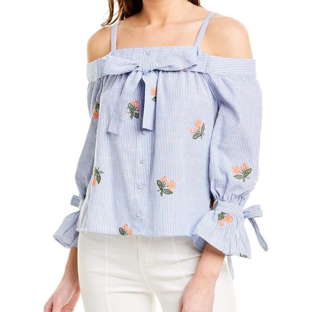 JOA Blue Striped Floral Embroidered Off-Shoulder Blouse – Women’s XS‎